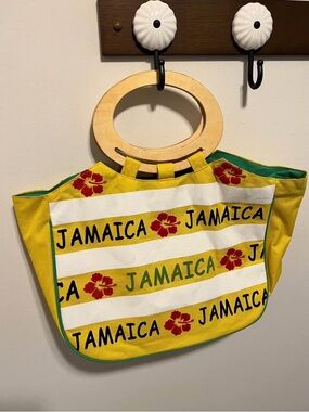 Large Jamaica Printed Beach Tote with Wooden Handles GUC